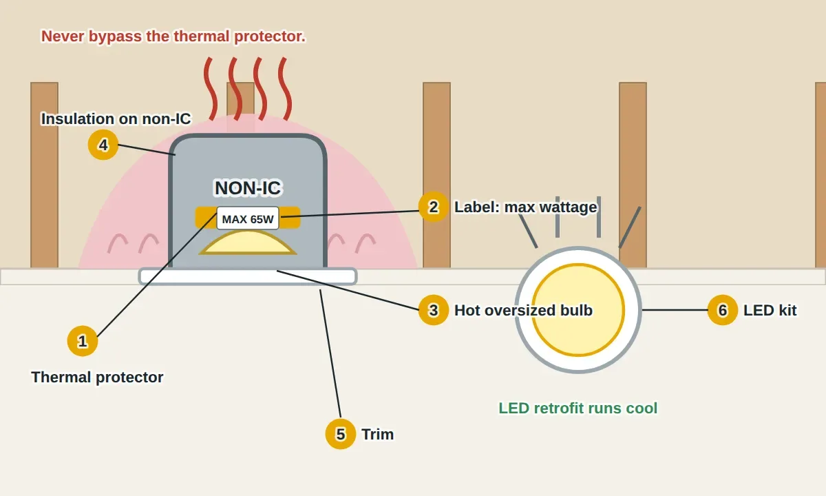 Cutaway of a ceiling with a recessed can light: the housing with its thermal protector that cuts power when it overheats, the label inside listing maximum wattage and allowed bulbs, an oversized incandescent bulb giving off heat, insulation packed over a non-IC housing in the attic, the trim at the ceiling, and an LED retrofit kit beside it that runs cool.