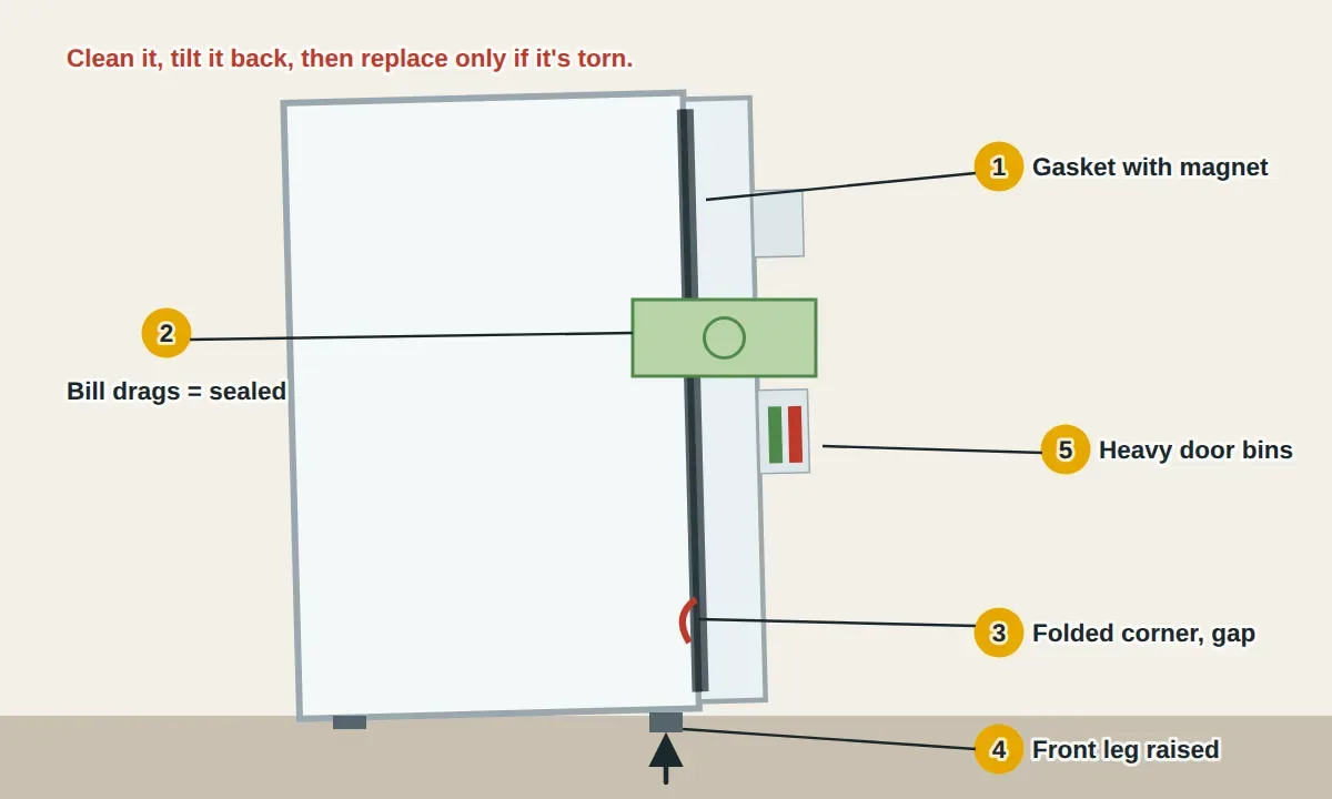 Side view of a refrigerator with its door closed: the rubber door gasket with a magnetic strip inside presses flat against the cabinet, a dollar bill pinched in the seal shows a good seal, a folded gasket corner leaves a gap, the front leveling leg is raised so the fridge tilts slightly back and the door swings shut, and heavy bottles in the door bins pull the door down on the handle side.