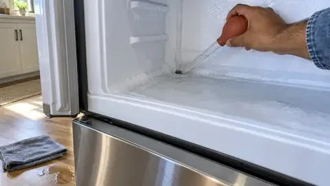 Turkey baster flushing warm water through the clogged defrost drain inside a freezer compartment