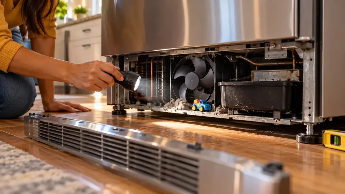 Shining a flashlight under a refrigerator at the condenser fan with the toe grille removed