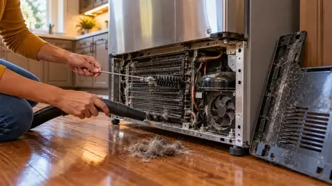 Brushing dust off refrigerator condenser coils behind a removed lower access panel