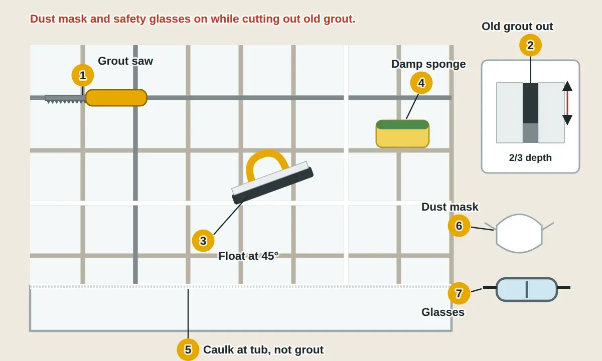 Tile wall with old grout being removed: a grout saw cutting the old grout to about two-thirds of the joint depth, a cross-section of joint depth, a shop vacuum nozzle cleaning the joints, a rubber float pushing new grout diagonally at 45 degrees, a damp grout sponge wiping, a sealer brush, and flexible caulk at the corner where wall meets tub. Dust mask and safety glasses are worn while removing grout.
