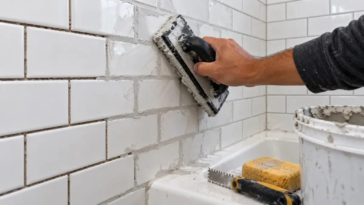 Pressing new gray grout into cleaned-out joints on a white subway tile wall with a rubber float