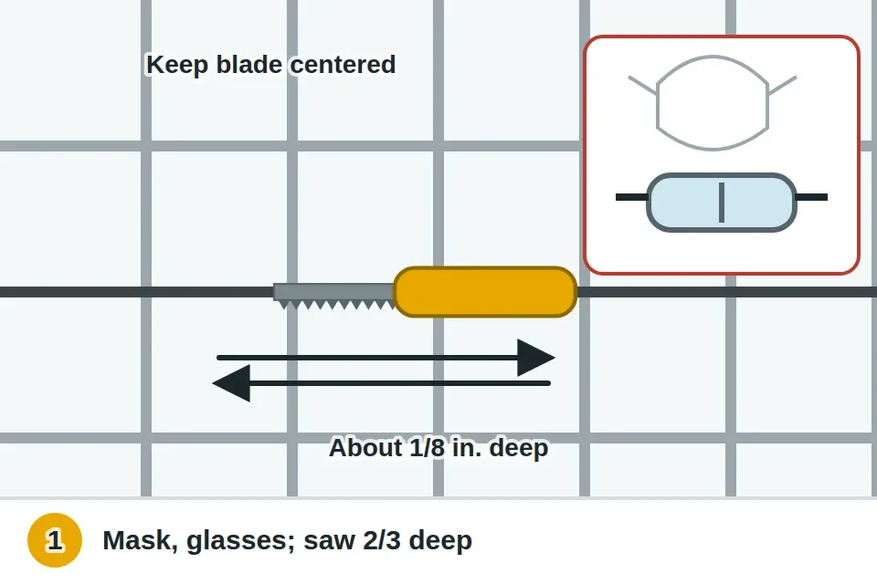 Dust mask and safety glasses on, a grout saw run back and forth along each joint, keeping the blade centered, removing grout to about two-thirds of the joint depth