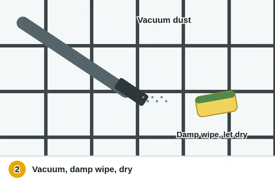 Shop vacuum nozzle pulling dust from the cut joints, then a damp sponge wiping the tile and joints, left to dry