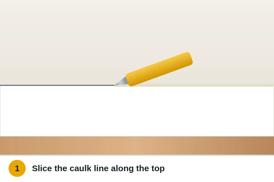 Utility knife slicing along the caulk and paint line where baseboard meets the wall
