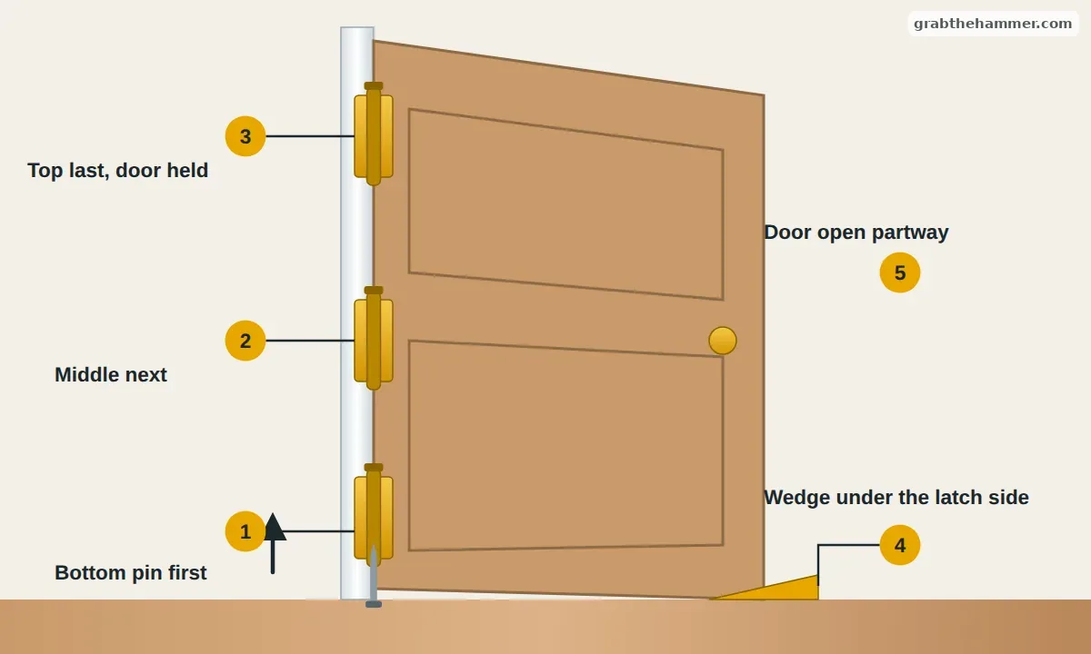 Door open partway and wedged, with three hinges and a nail tapping the bottom hinge pin up, numbered bottom, middle and top
