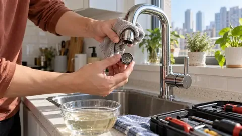 Renter checking a faucet aerator screen for mineral buildup in an apartment kitchen