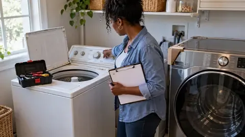 Homeowner with a clipboard comparing an old top-load washer to a new front-load washer