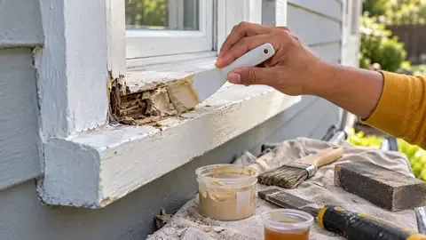 Pressing epoxy filler into a dug-out rotted corner of an exterior window sill
