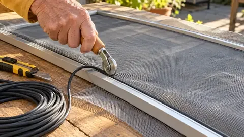 A spline roller pressing new screen mesh and spline into the channel of an aluminum screen frame
