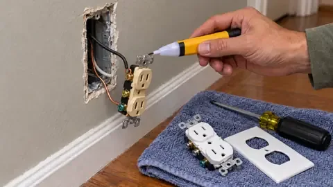 A voltage tester held to the wires of an old outlet pulled from its box, with a new outlet, cover plate and screwdriver on a towel