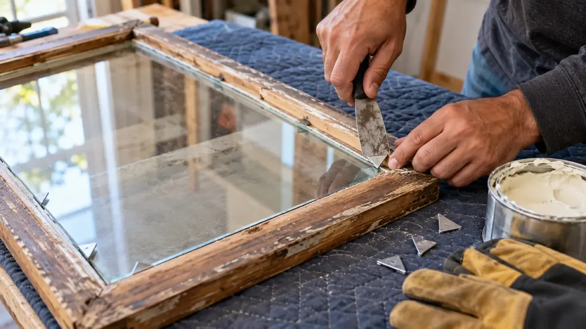 Pressing a glazier's point into an old wood sash to hold a new pane of glass