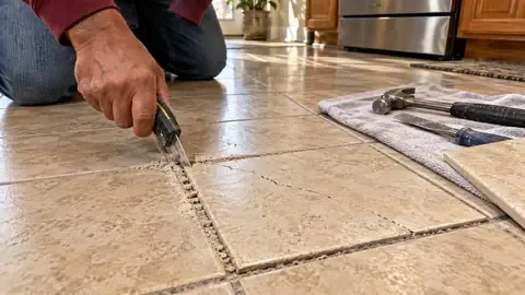 A grout saw scraping the grout out around a cracked floor tile, with a hammer, chisel and a new tile on a towel