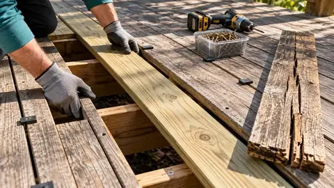 Gloved hands setting a new pressure-treated board into the gap on a weathered deck, with the cracked old board beside it