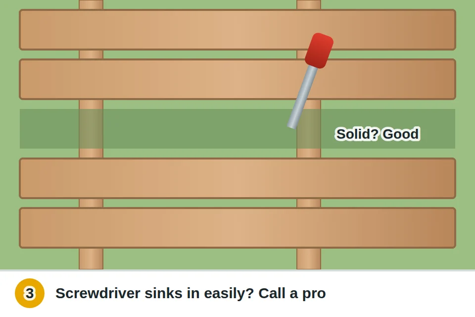 Screwdriver pressed into an exposed deck joist to test for soft, rotting wood