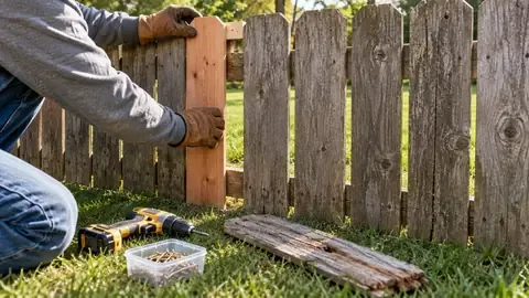 Gloved hands fitting a new cedar picket into a gap in a weathered fence, with the broken picket and a drill on the grass