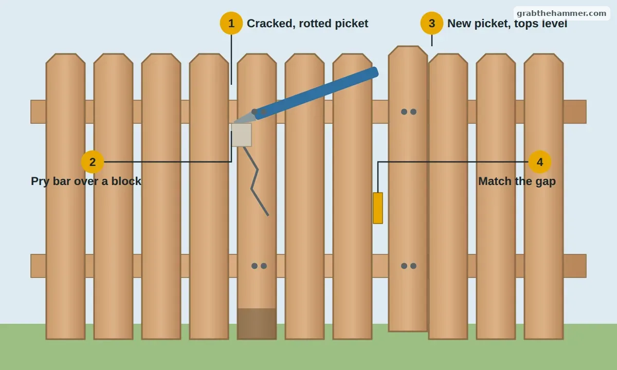 Wood fence with a cracked picket being pried off the rails over a scrap block, and a new picket set level with a spacer for the gap