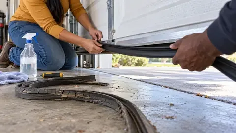 Two people sliding a new rubber bottom seal into the channel under a raised garage door
