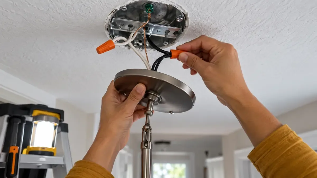 Twisting a wire connector onto the fixture wires under a ceiling box while holding the new fixture