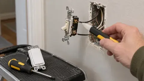 A voltage tester held against the wires of a light switch pulled from its wall box, with a new switch on a step stool