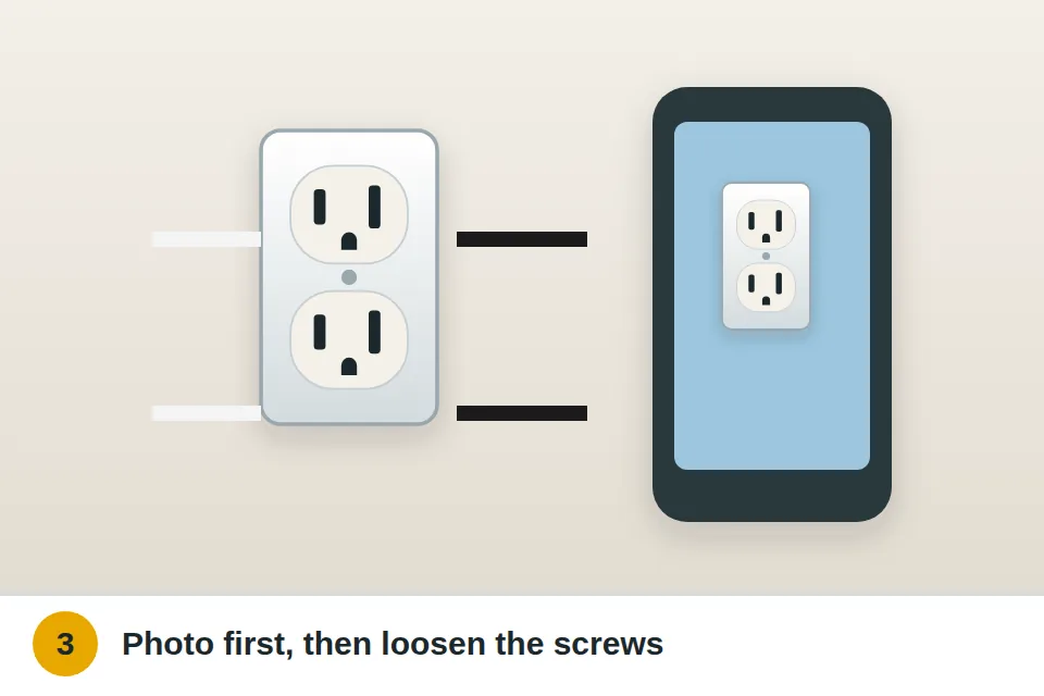 Phone photographing the wiring of the old outlet before the wires are loosened from the screws