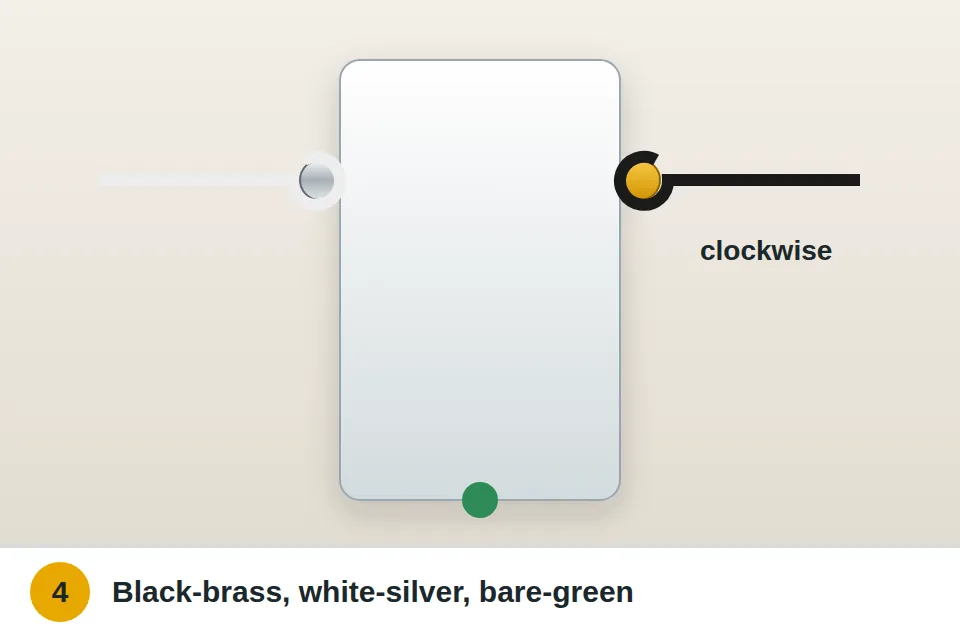 Black wire hooked clockwise under a brass screw, white under a silver screw, and bare copper on the green ground screw