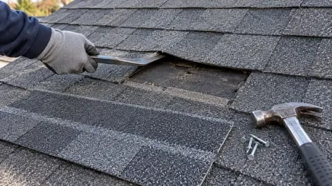 A gloved hand lifting a shingle edge with a flat pry bar above a gap where a shingle is missing, with a hammer and nails nearby