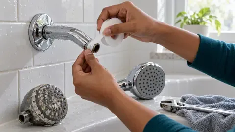 Wrapping thread tape on a chrome shower arm, with the old crusted shower head on the tub ledge