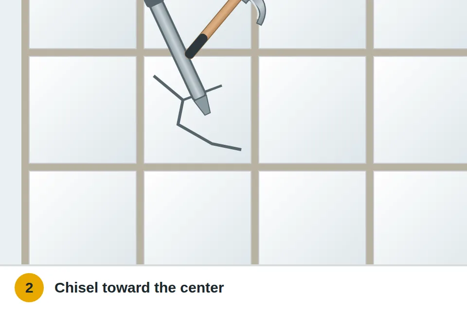 Chisel angled toward the center of the cracked tile, tapped with a hammer