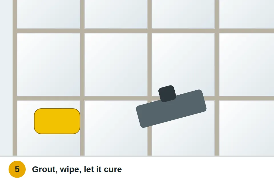Grout float packing fresh grout into the joints around the new tile, then a damp sponge wiping the haze