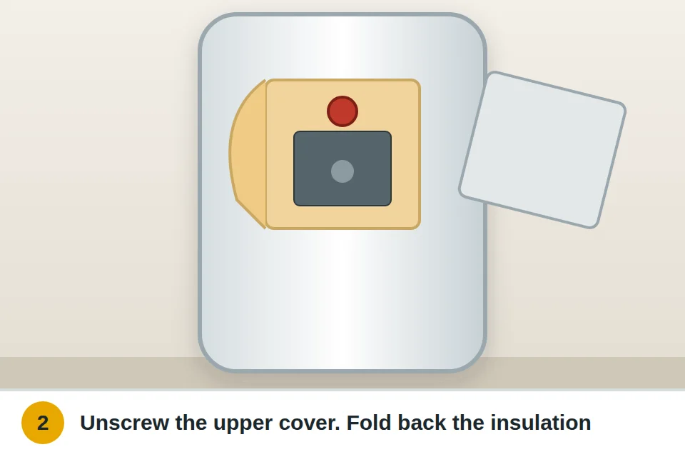 Upper access cover unscrewed from the side of an electric water heater with the insulation folded back