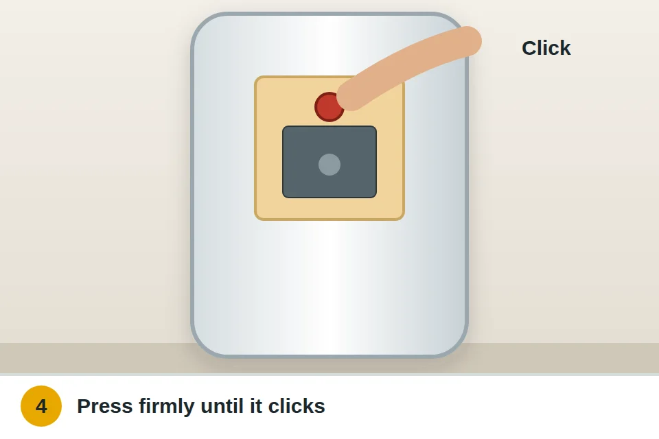 Finger pressing the red high-limit reset button above the water heater thermostat until it clicks
