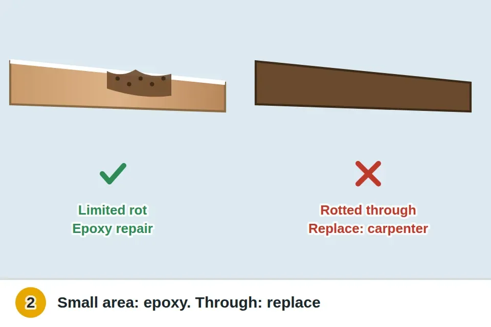 A sill with a small soft area marked as an epoxy repair, next to a sill rotted through and moving when pushed, with soft framing below, marked as replace with a carpenter