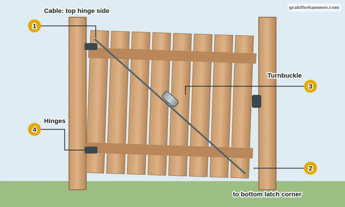 Sagging wood gate with an anti-sag cable from the top hinge corner to the bottom latch corner and a turnbuckle