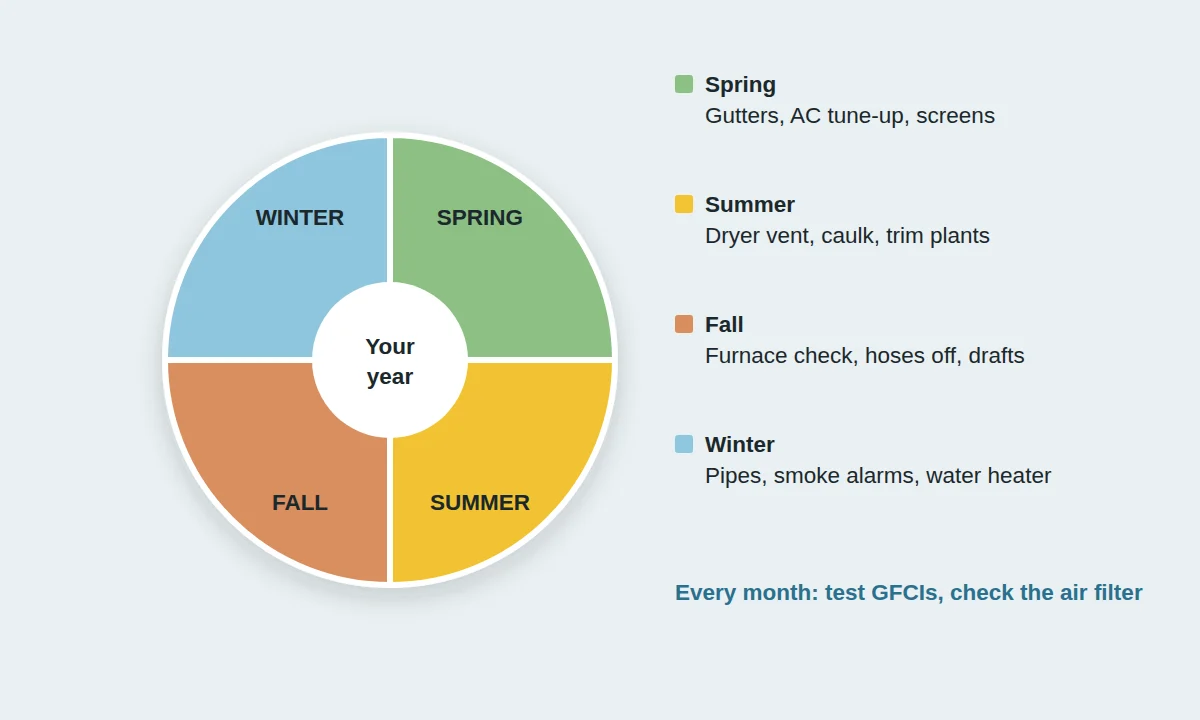 Seasonal home maintenance wheel with spring, summer, fall and winter tasks