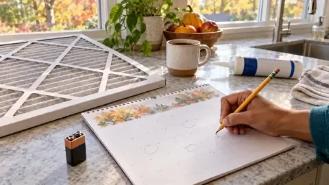 Writing home maintenance tasks on a calendar beside a new furnace filter, battery and caulk