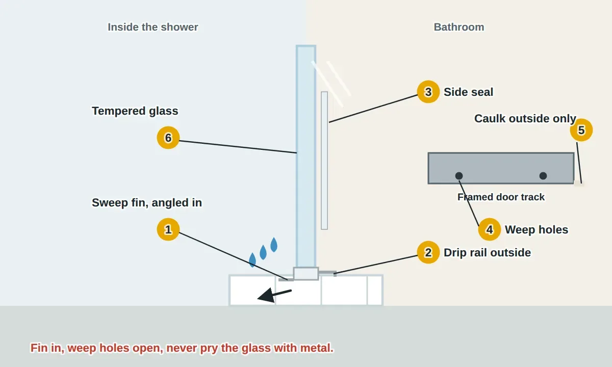 Side view of a glass shower door closed over a tile curb: a vinyl sweep is pressed onto the bottom edge of the glass with its fin angled in toward the shower and lightly touching the curb, a drip rail is on the outside face, clear vertical seals run along the door edges, and on a framed door the bottom track has small weep holes that drain water back inside, with caulk only on the outside of the frame.