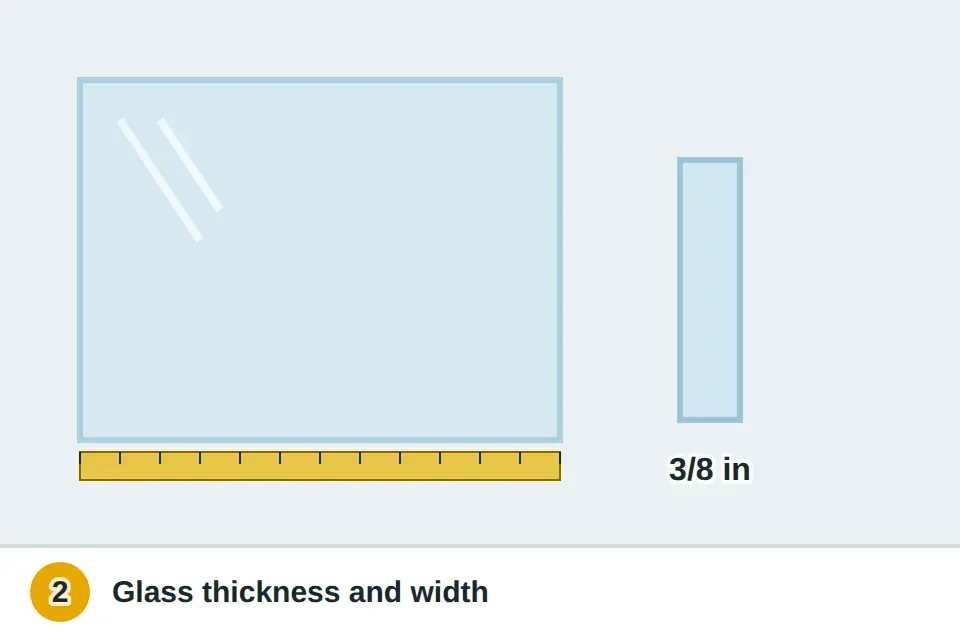 Tape measure across the width of a glass shower door and a close-up of a ruler across the glass edge reading 3/8 inch thick