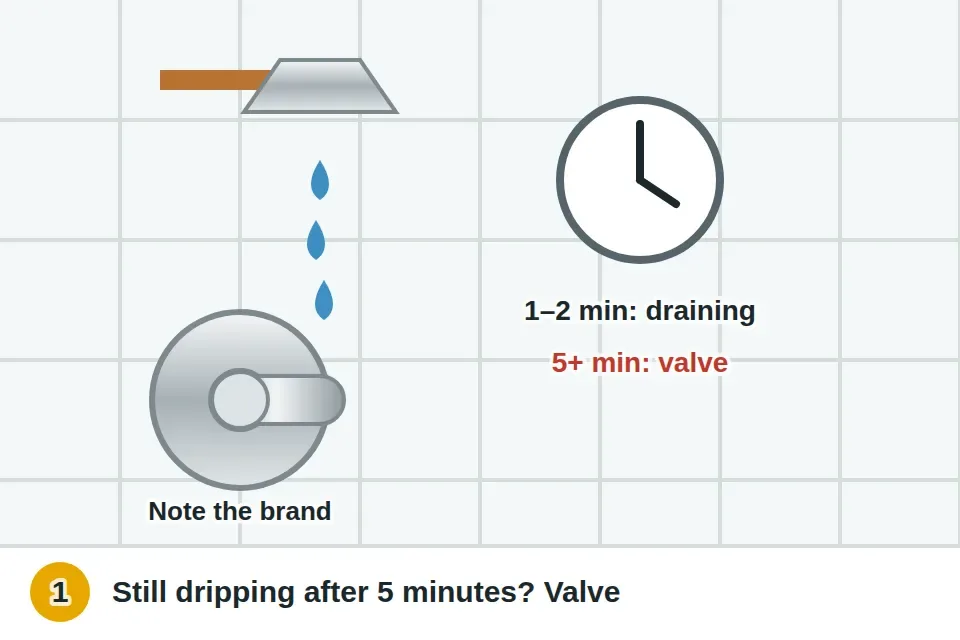 Shower head dripping after the faucet is turned off, with a timer showing that a few drips in the first minutes are normal draining while a steady drip after five minutes or more means the valve