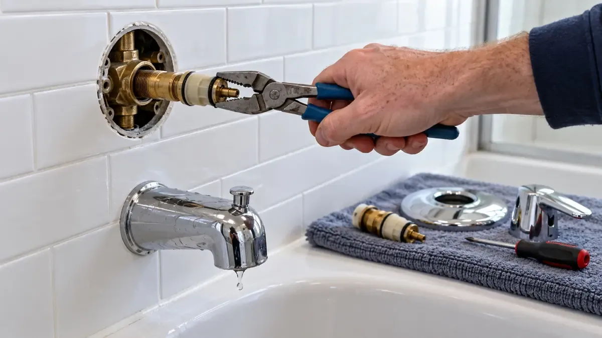 Pulling an old cartridge out of a shower valve with pliers, the new cartridge and trim on a towel