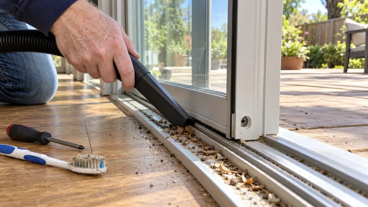 Vacuuming dirt and grit out of the bottom track of a sliding patio door