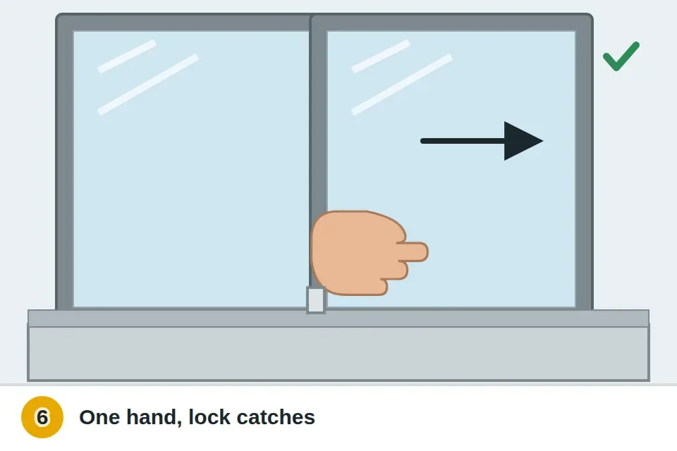 Sliding door rolling open with one hand and the lock lining up with the keeper