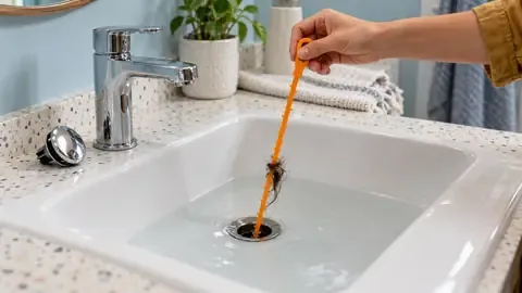 A plastic drain cleaning strip pulling a clump of hair out of a bathroom sink drain, with the pop-up stopper set on the counter