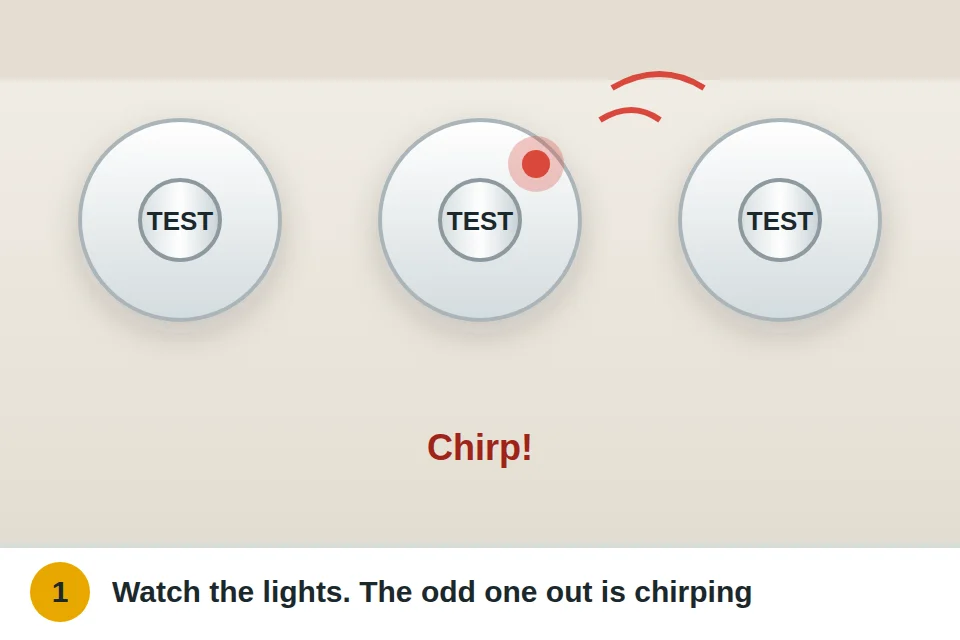 Several ceiling smoke alarms with one flashing a red light, showing which alarm is chirping