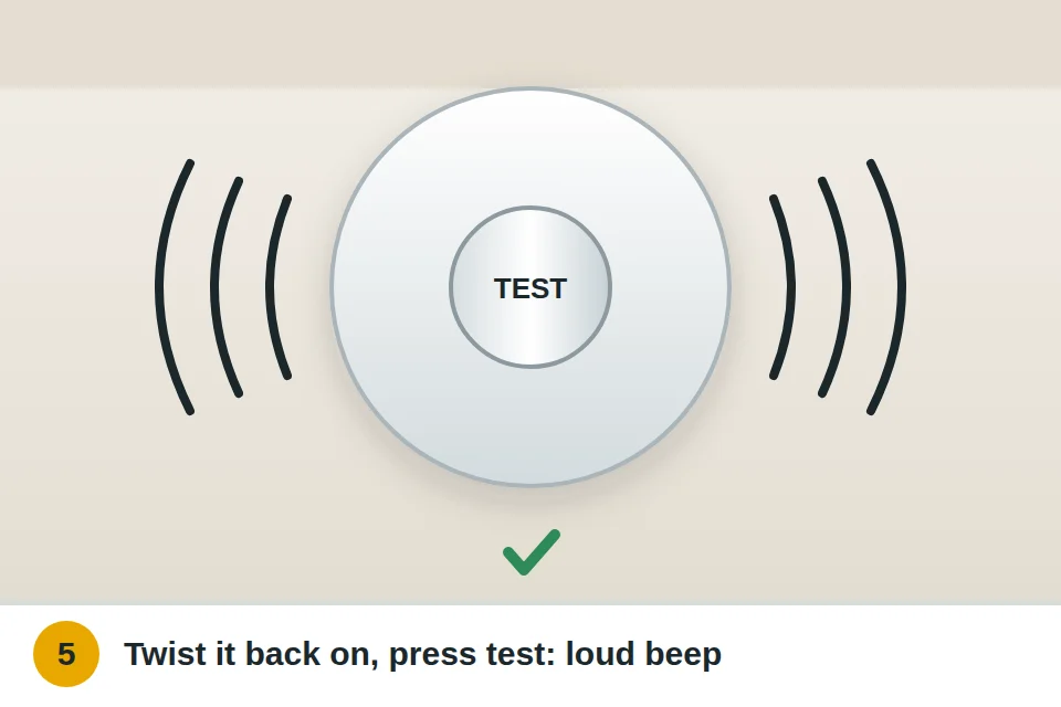 Smoke alarm back on its base sounding a loud test alarm with sound waves