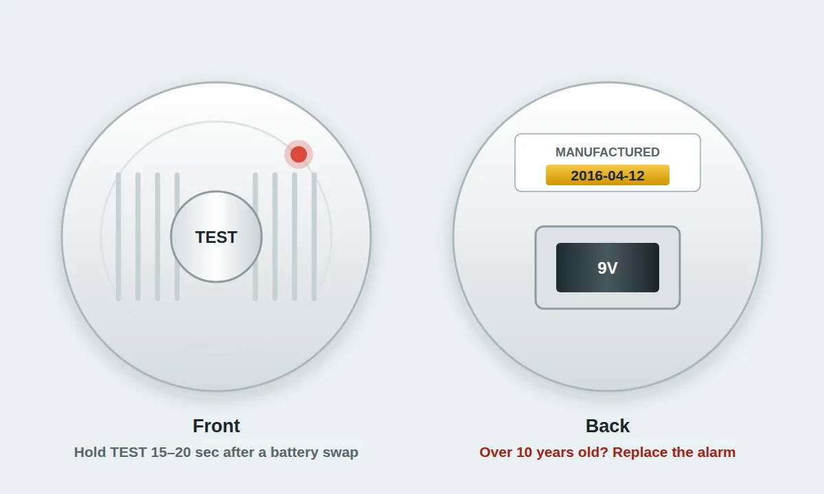 Front and back of a smoke alarm showing the test button, manufacture date label and 9V battery