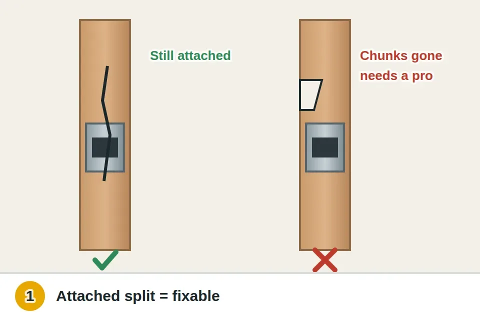 Jamb with a clean split along the grain near the strike, pieces still attached, marked as a good repair, next to a jamb with a chunk missing and the frame out of square, marked as needing a new jamb section