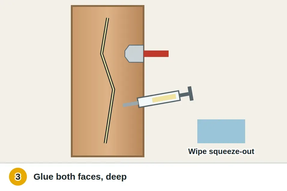 Crack in the jamb opened slightly with a putty knife while wood glue is pushed deep into it with a syringe, coating both faces, and a damp rag wiping off squeeze-out