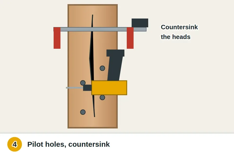 Bar clamp squeezing the glued split closed while pilot holes are drilled on each side of the split and screws are driven with their heads countersunk below the surface
